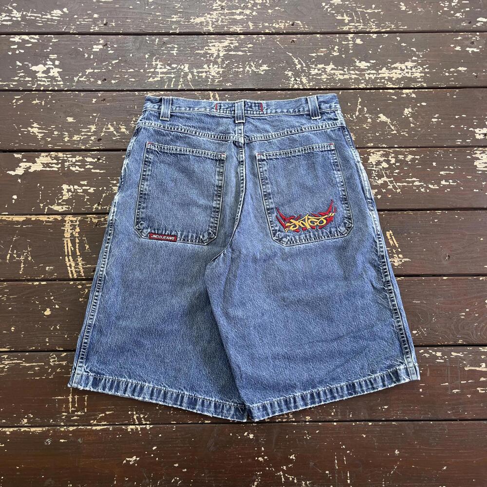 (34) Vintage 90s Y2K JNCO Jeans Jean Shorts Jorts Tribal Embroidered Baggy Skate